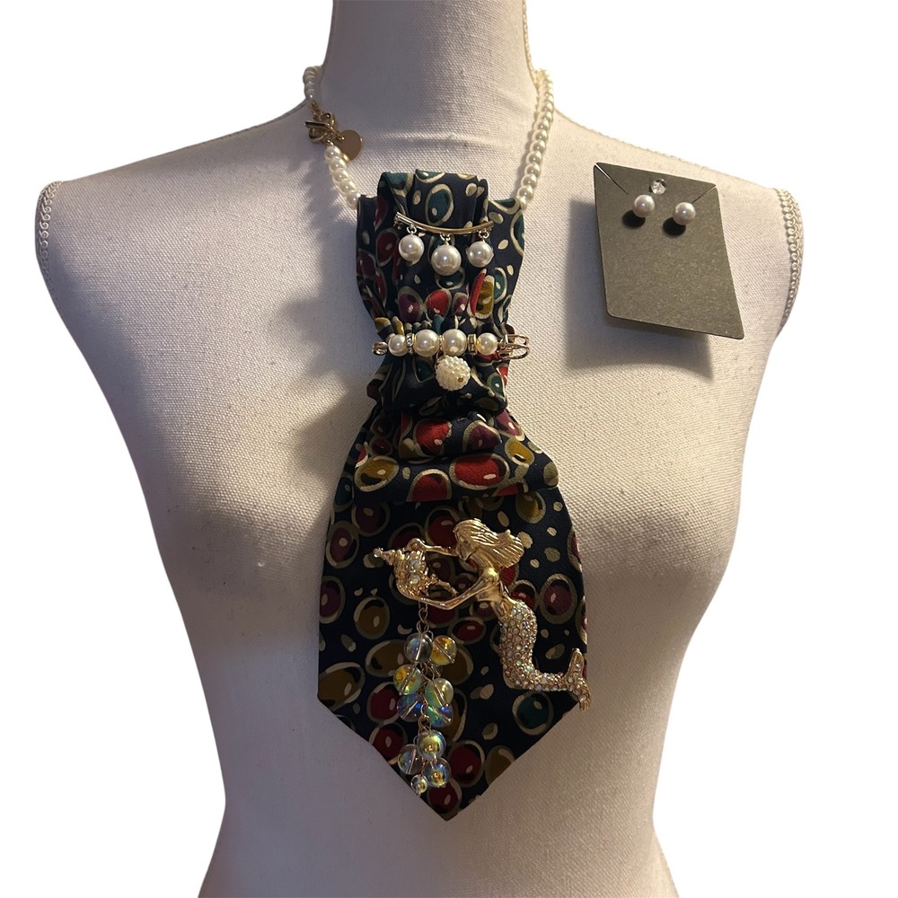 Vintage Italian Silk Mermaid Tie Necklace Set Pearl Embellished Maximalist Core - Picture 8 of 9